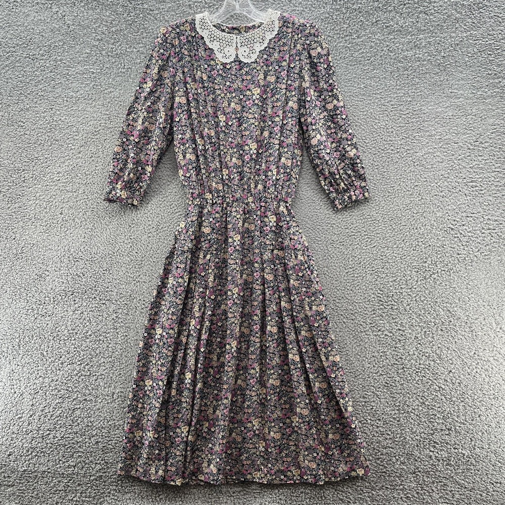 VTG 80s Neiman Marcus Dress 10 Black Pink Floral Lace Collar USA Cottage Midi